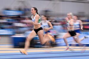 1 March 2026; Ciara Neville of Emerald AC, Limerick, competing in the women's 60m heats during day two of the 123.ie National Senior Indoor Championships at the National Indoor Arena on the Sport Ireland Campus in Dublin. Photo by Sam Barnes/Sportsfile *** NO REPRODUCTION FEE ***