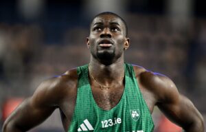 20 March 2026; Bori Akinola of Ireland after finishing third in his men's 60m heat during day one of the World Athletics Indoor Championships at Kujawsko-Pomorska Arena in Torun, Poland. Photo by Sam Barnes/Sportsfile