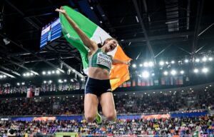 22 March 2026; Kate O'Connor of Ireland celebrates winning bronze in the Women's Pentathlon during day three of the World Athletics Indoor Championships at Kujawsko-Pomorska Arena in Torun, Poland. Photo by Sam Barnes/Sportsfile