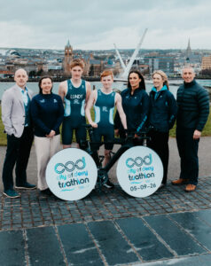 City of Derry Europe Triathlon Cup Launch. North West Triathlon Club (NWTC) members and Team Ireland Development Squad Athletes Ryan Lundy and Jude Williams launch the Europe Triathlon Cup — City of Derry Triathlon 2026 at Ebrington Square. Also pictured are, from left, Ryan Williams, Chair NWTC; Laura Colhoun, Race Director; Julie Dunne and Orla Nugent, Triathlon Ireland; and Ian Cullen, Grofuse Digital, corporate partner of the event. Credit: Triathlon Ireland