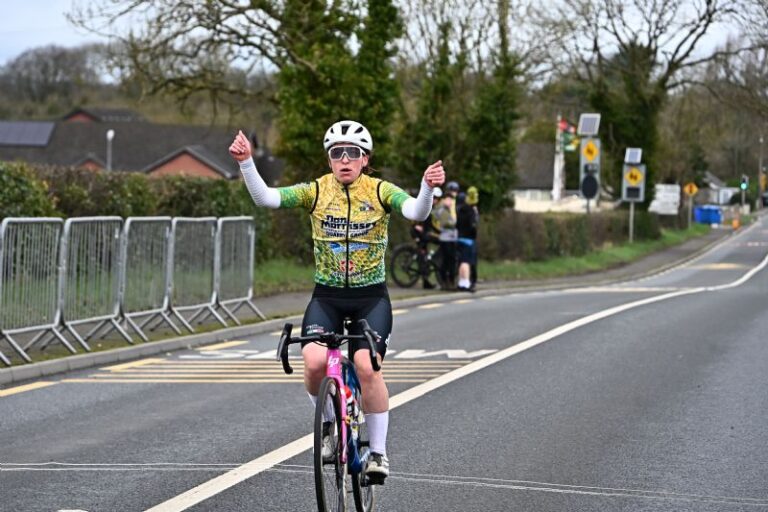 Linda Kelly takes the Seamus Kennedy memorial, the first National Single Grade Road Race of 2026. Credit: Cycling Ireland