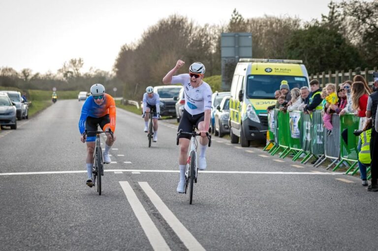 Gareth O'Neill wins the Coombes Connor Memorial 2026. Credit: Drogheda Wheelers