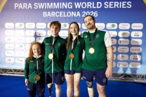 Barry McClements, Dearbhaile Brady, Ellie Lynch and Luke O’Donoghue won gold in the 4x100m Freestyle Relay in 4:42.41, at the 2026 World Para Swimming Series. Credit: Swim Ireland