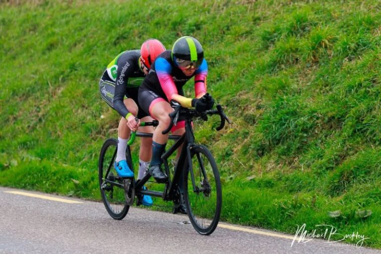 Tandem riders at the opening round of the 2026 Para National League. Credit: Michael Buckley via Cycling Ireland