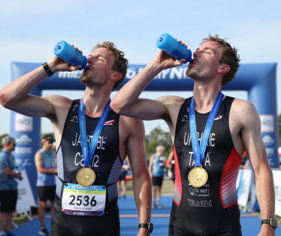 Triathletes refuelling post race