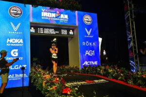 Jen Done crosses the finishline of the IRONMAN World Championship in Kona for the first time.